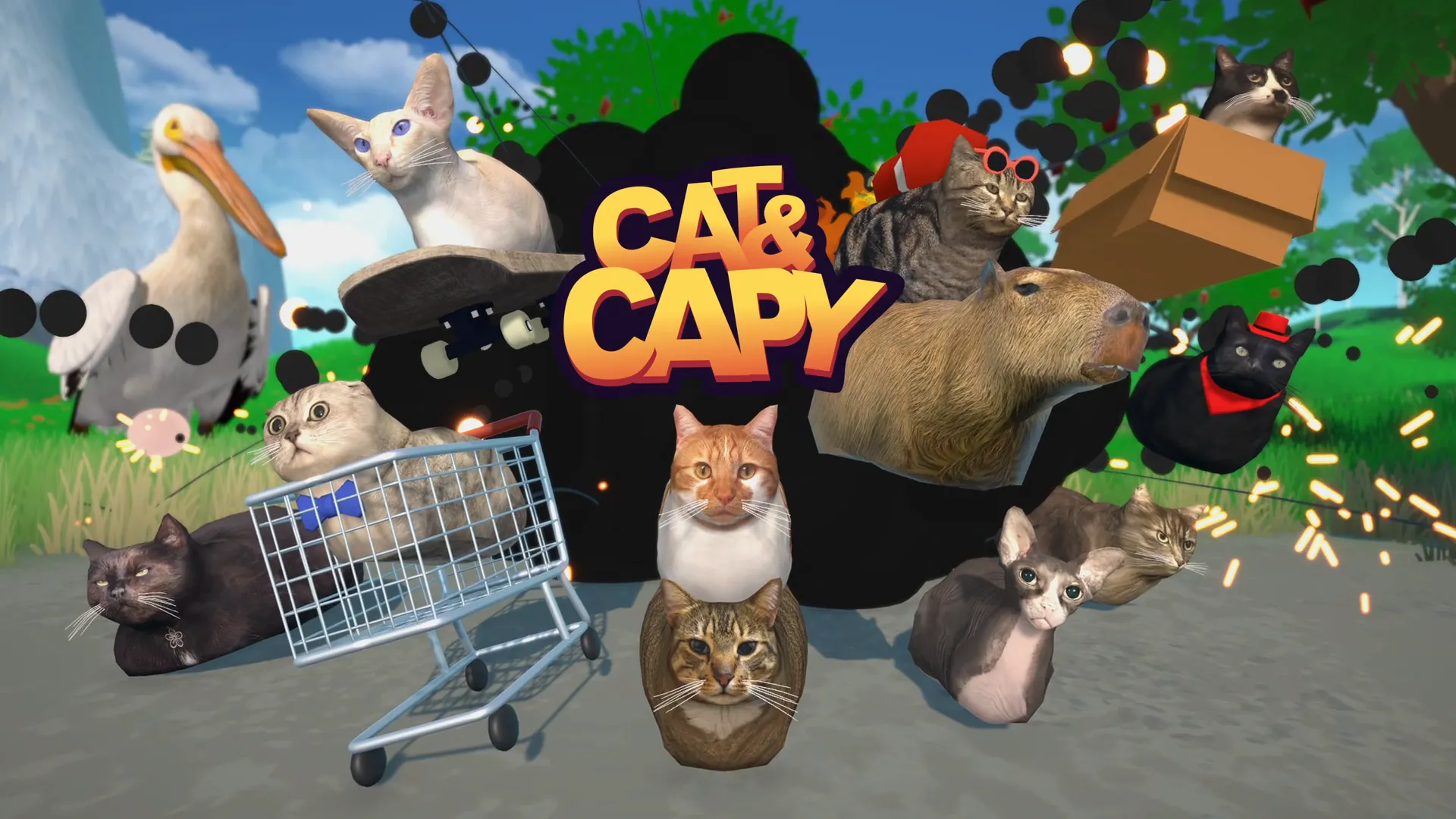Cat & Capy key art: the capybara and a crowd of cats with hats, a shopping cart and a pelican, around the game's logo